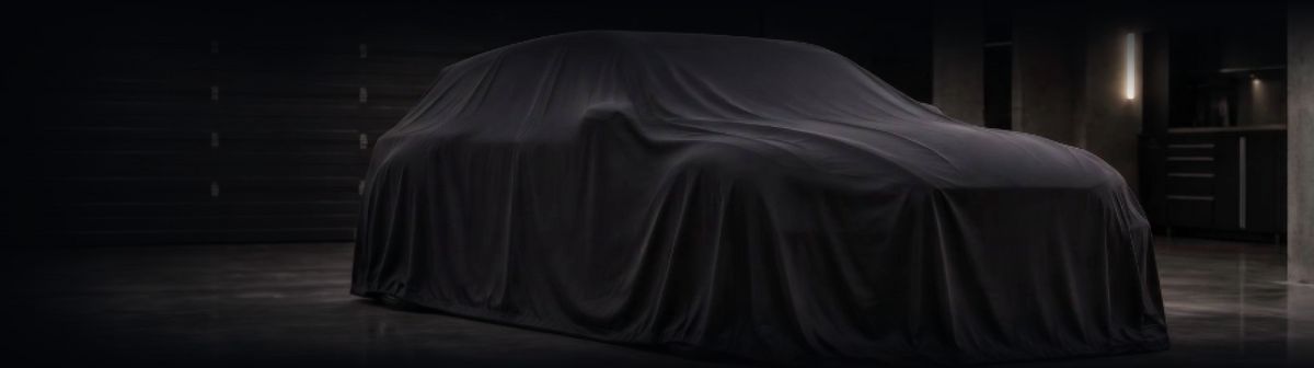 A car under a black cover in a dark garage